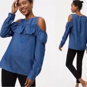 LOFT Ruffle Cold Shoulder Blouse Blue Chambray Denim Sz Medium Long Sleeve
